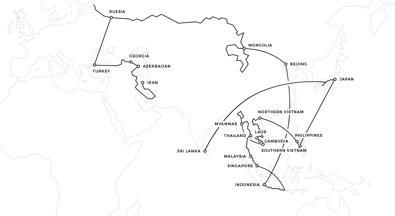World map showing the route of singer and songwriter Phil's travels through the middle and far east